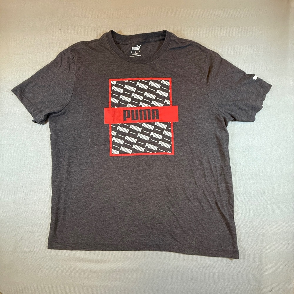 Puma Mens Graphic Tee Shirt XL Charcoal Gray Red Box Logo Athletic 1975